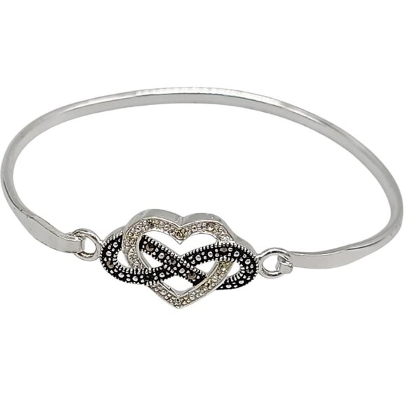 Sterling Silver Cubic Zirconia & Marcasite Heart Infinity Bracelet Tension Hook - Picture 9 of 15